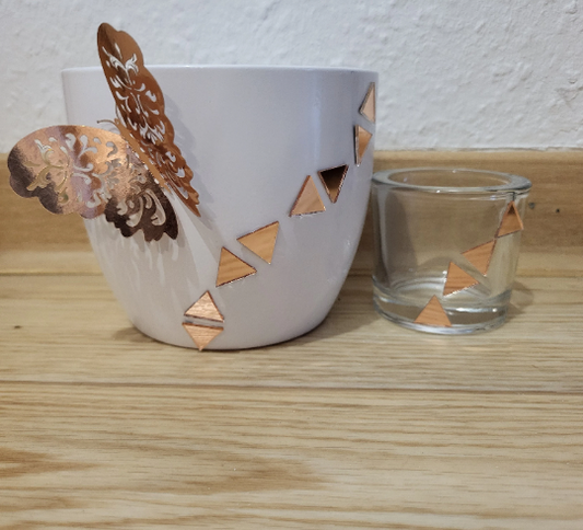 Set Blumentopf Keramik Schmetterling Roségold Mosaikfliesen und Teelichthalter Mosaikfliesen Deko