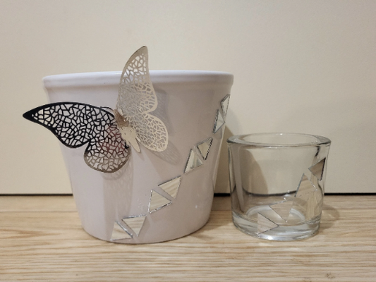Set Blumentopf Keramik Schmetterling Silber Mosaikfliesen und Teelichthalter Mosaikfliesen Deko